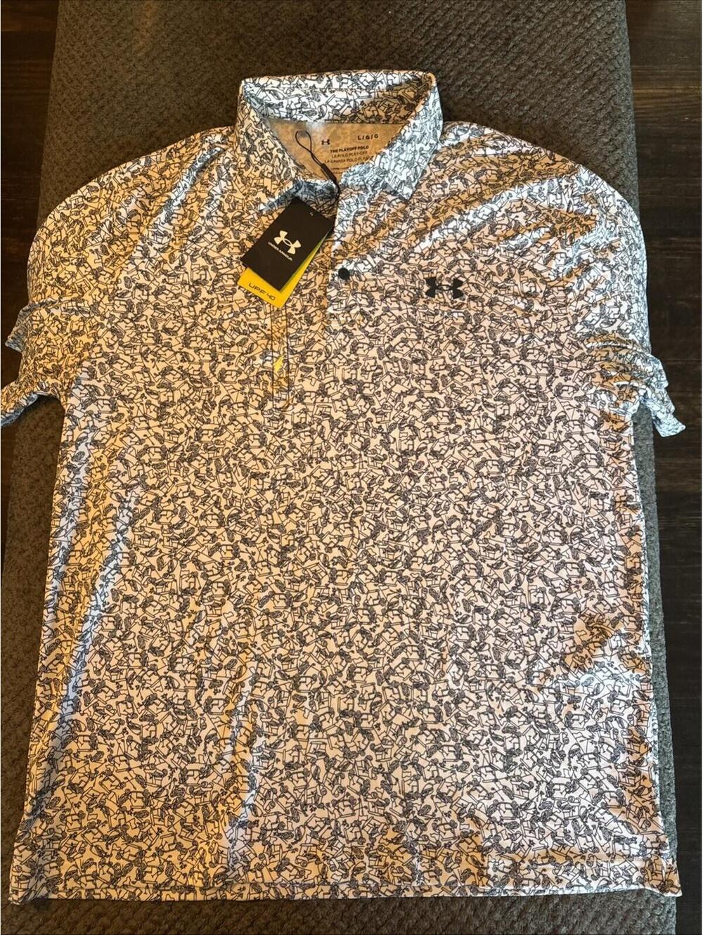 Under Armour Playoff Polo Shirt Mens Large Loose Fit White Golf Cart AOP NWT